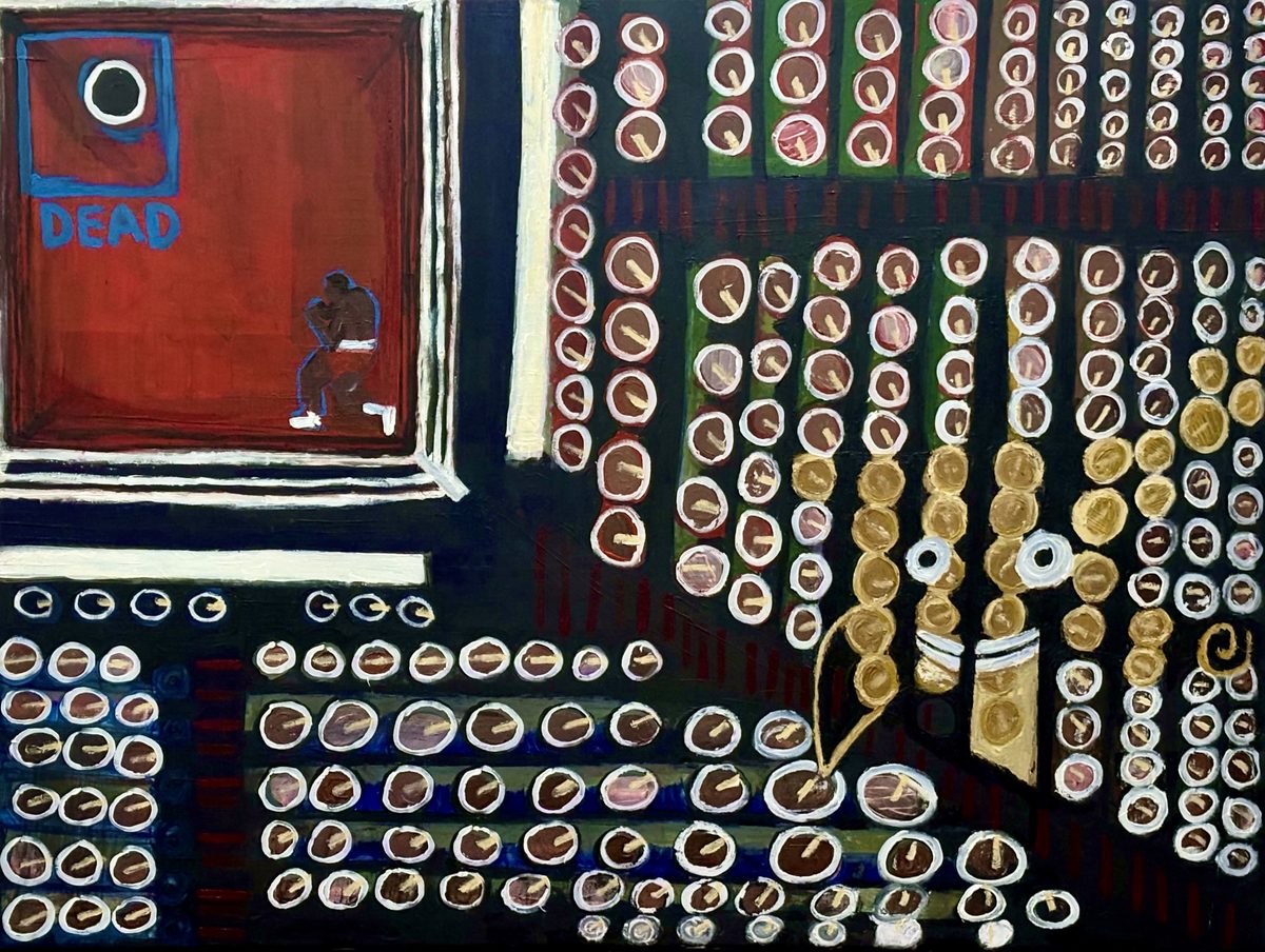 Sunburn at the Garden - A red rectangular chamber with the word DEAD sits beside a dense field of small ringed circles and rows, like…