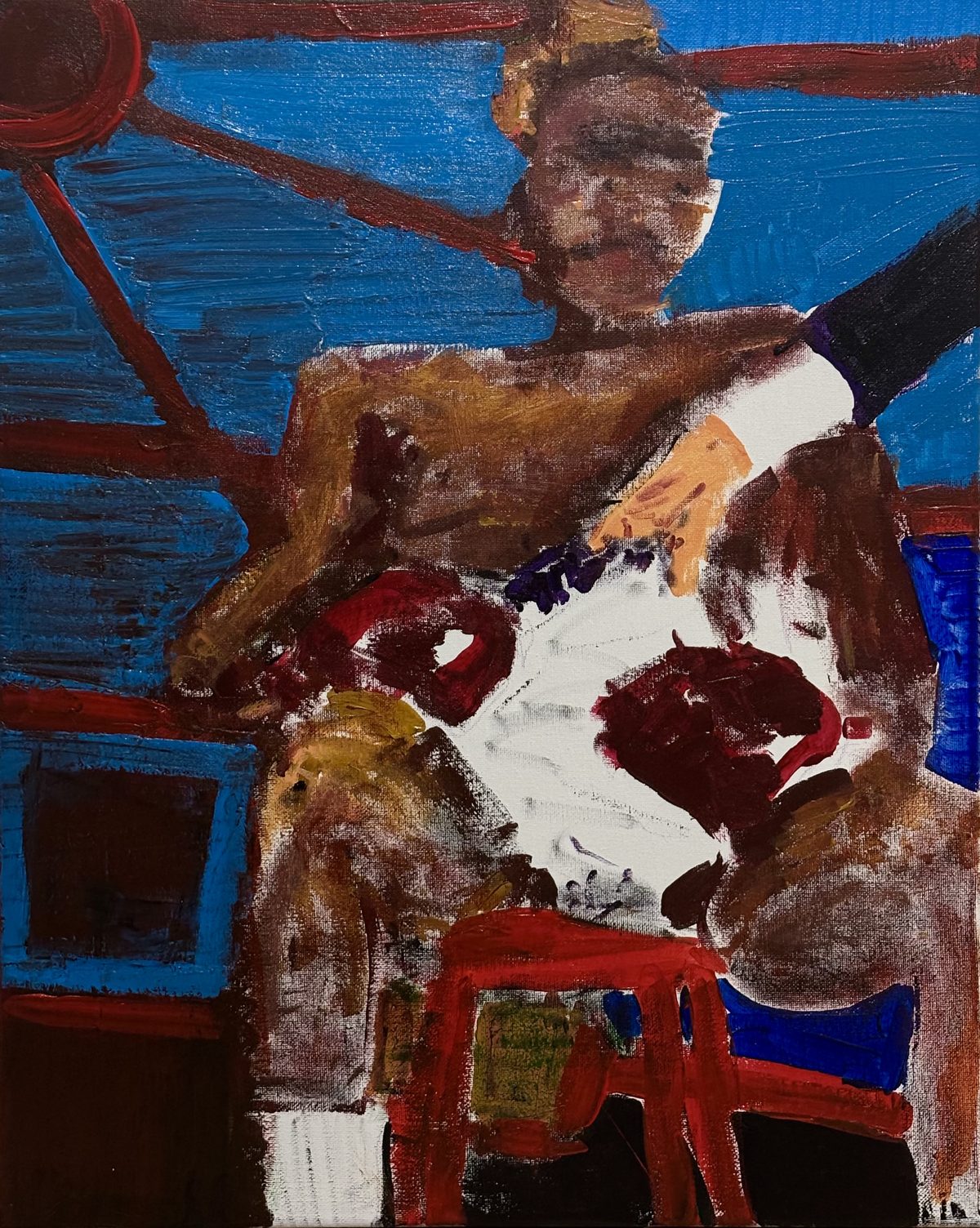 Sonny Liston - A cropped brown figure with boxing-like arms or gloves is set against a blue and red interior, with the torso partly…