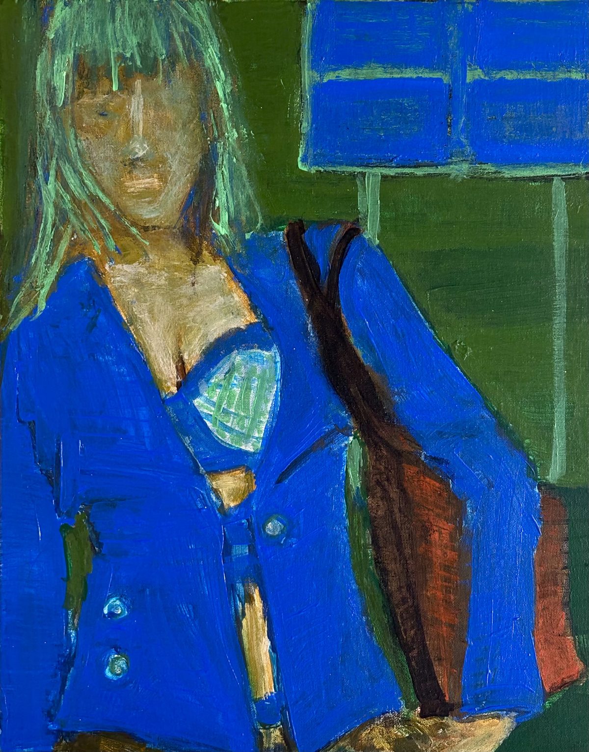 Hot Pink - A frontal long-haired figure in a bright blue coat stands against green and blue blocks, with a pale face and a…
