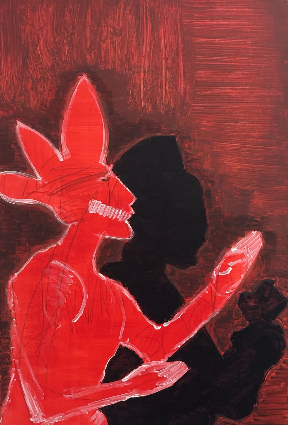 My Friend Color Guy - A red outlined character or creature faces a black silhouette on a red-brown ground, with a glowing red profile and…
