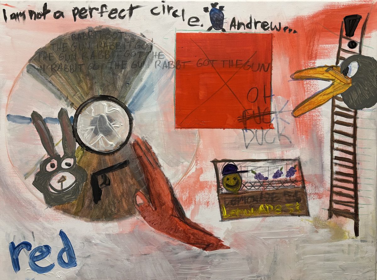 I AM NOT A JOKE - A collage-like scene includes a rabbit head, a record or circular object, a red square, a bird-like head, ladder…