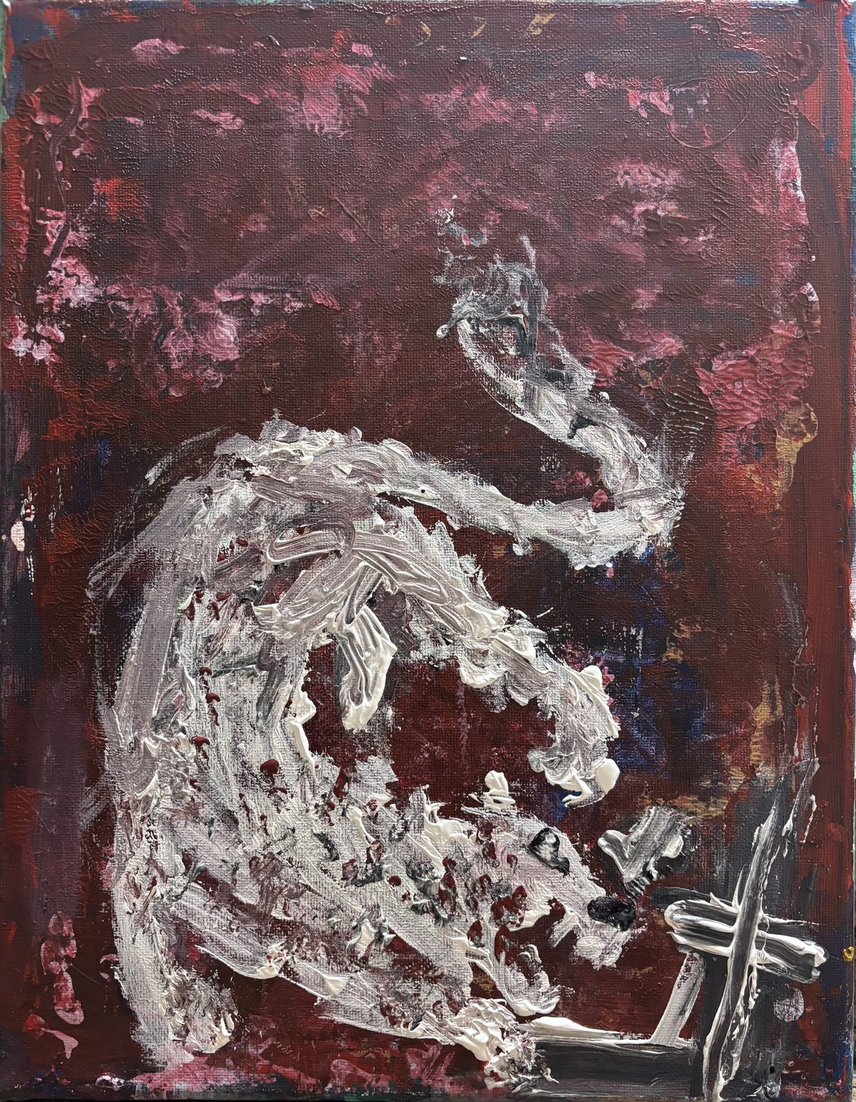 Bruiseboy - A white, rough animal- or boy-like form sprawls in thick paint over a dark maroon field, with a ghostly raised arm…