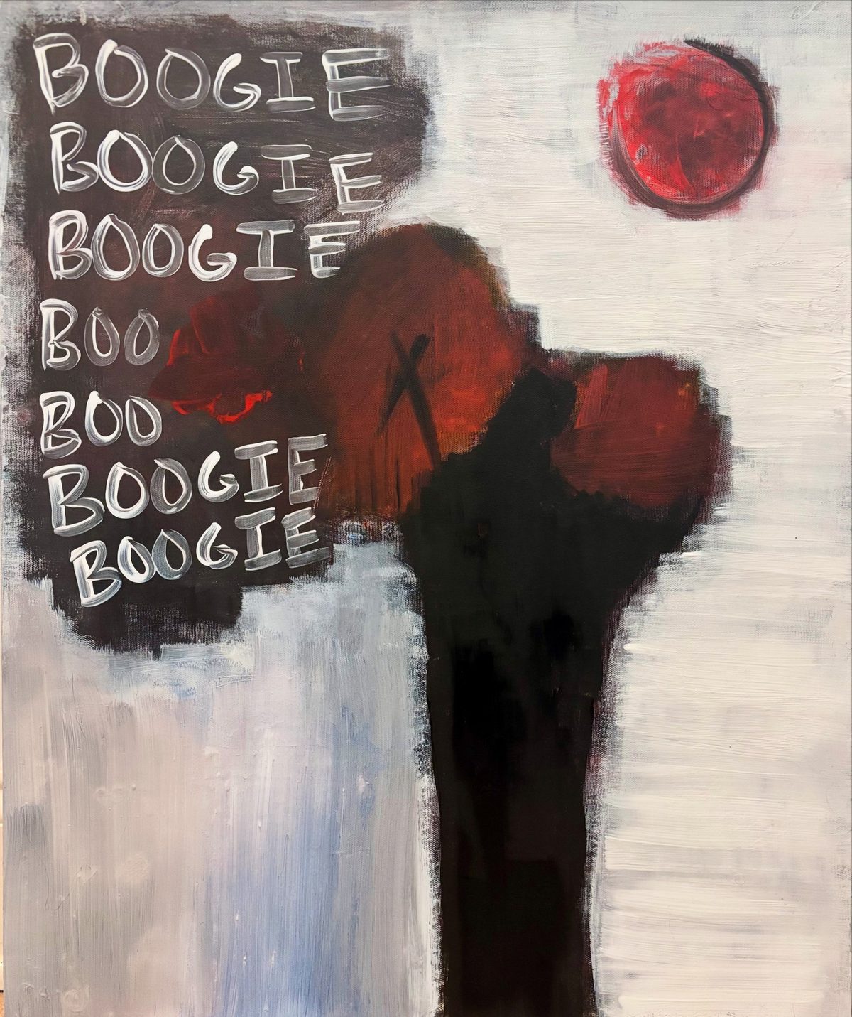 Threat of Funk - A black-and-white field contains a red-brown torso or head shape and repeated block lettering reading BOOGIE and BOO.