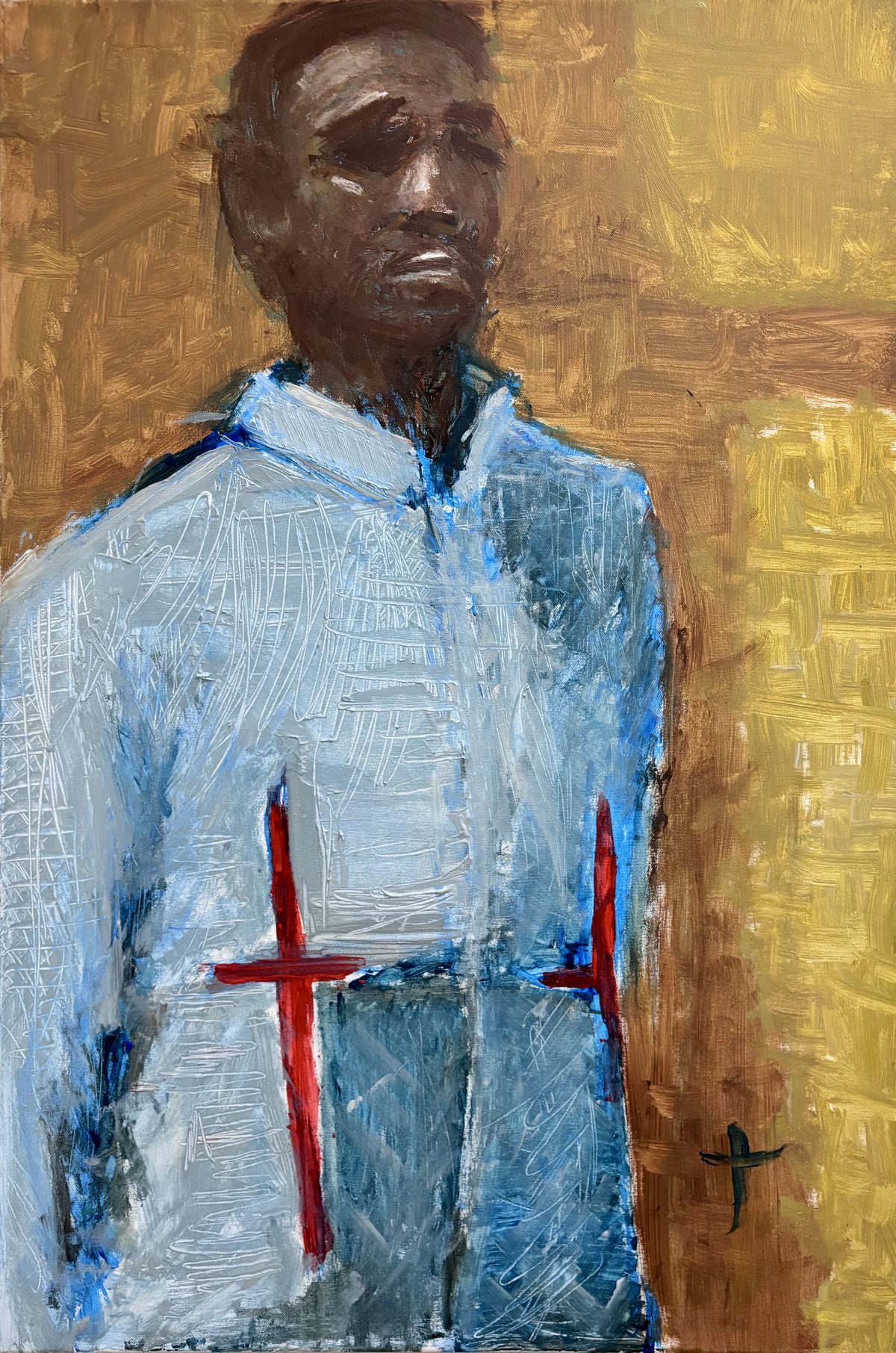 HE PREACHES IN THE SUN - A portrait-like dark-skinned figure in a pale blue garment stands before a gold field, with red cross-like marks…