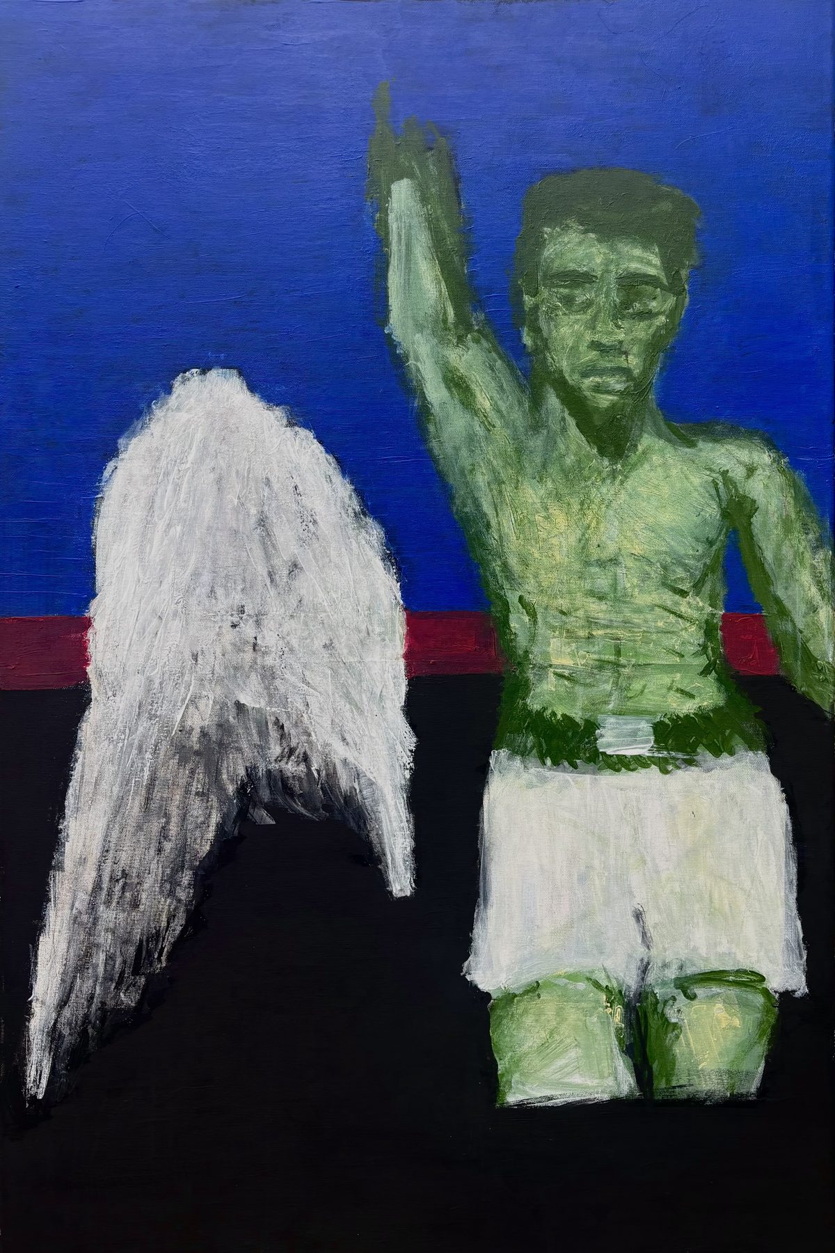 Baptism of Icarus - A green standing figure raises one arm beside a white wing-like form against blue, red, and black horizontal bands.