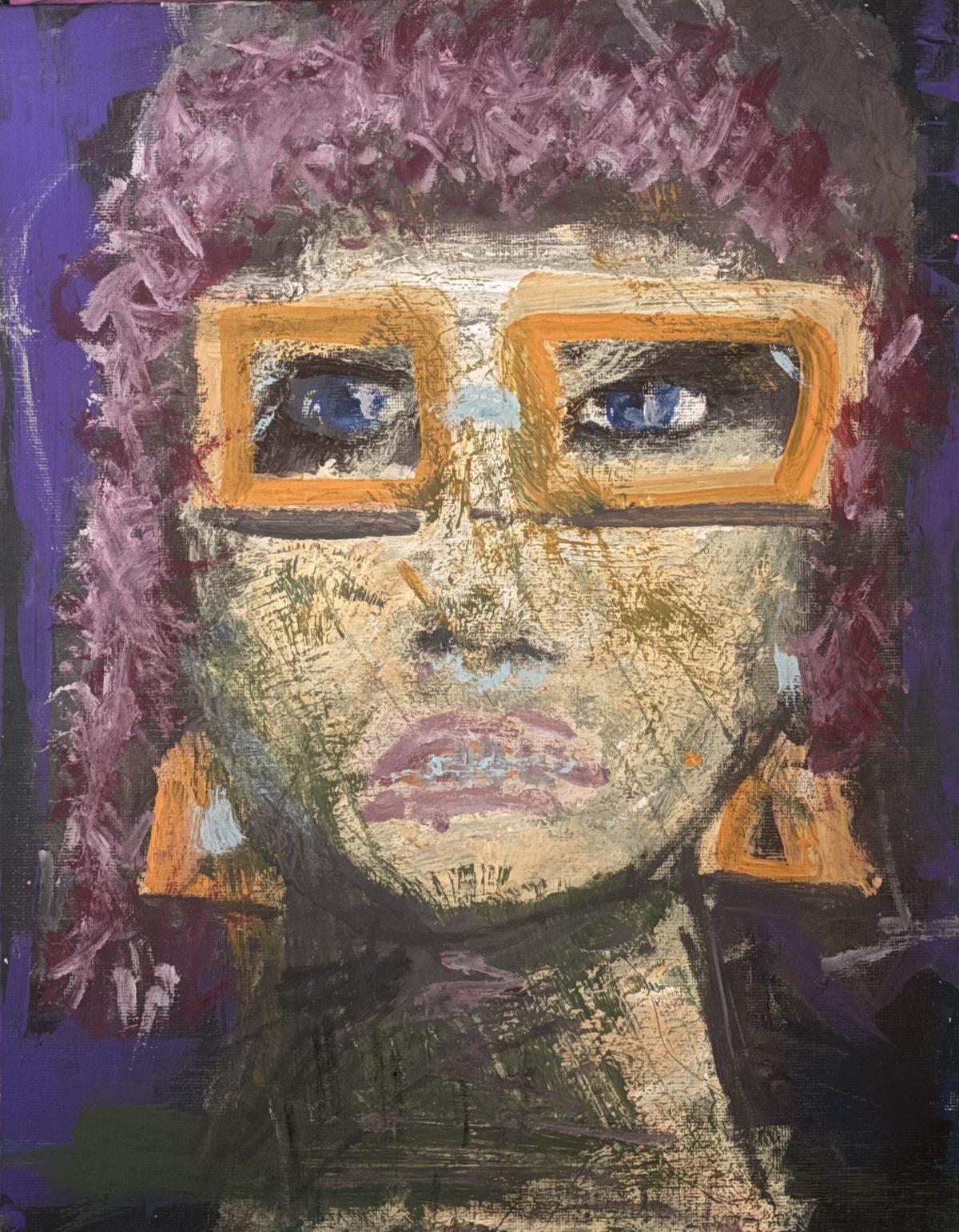 Faces (Glasses) - A pale face with square yellow glasses and purple hair fills a vertical frame against purple and dark tones.