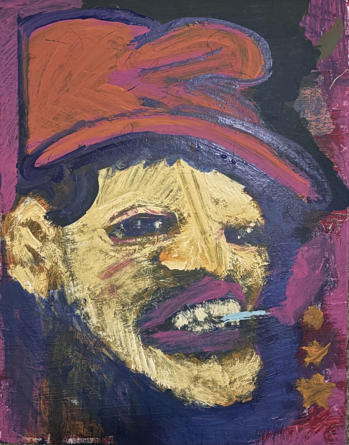 Faces (Jojo) - A yellow and purple face wearing an orange-purple cap or hat is cropped close, with teeth or a white mouth shape at…