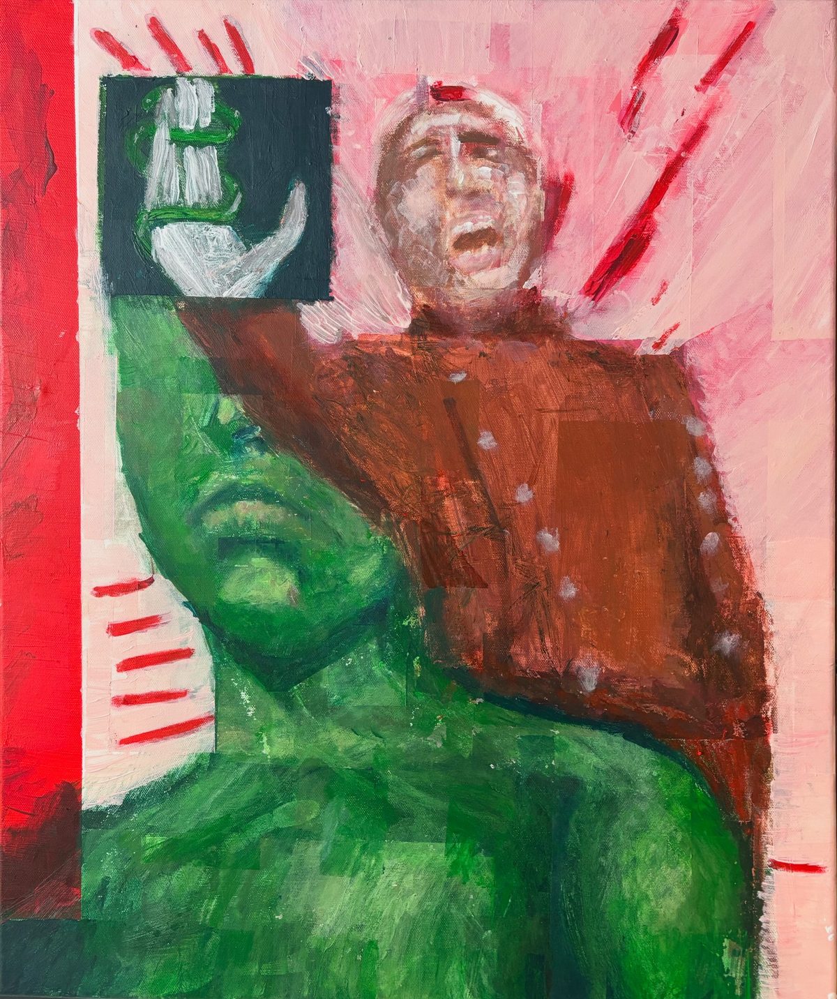 Blood Tastes Like Iron - A green torso and face are partly overlaid by a red-brown raised form and a pink field, with a small green-and-white…