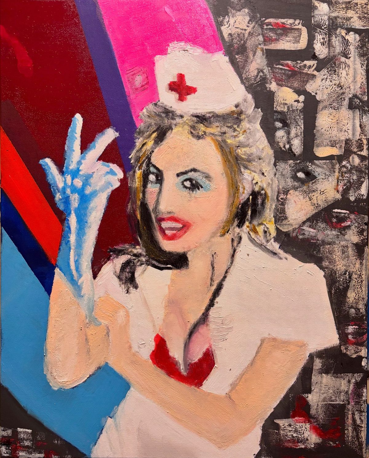 Sex - A blonde figure in a red-marked pale outfit gestures with a blue hand beside a dense black-and-white patterned field…