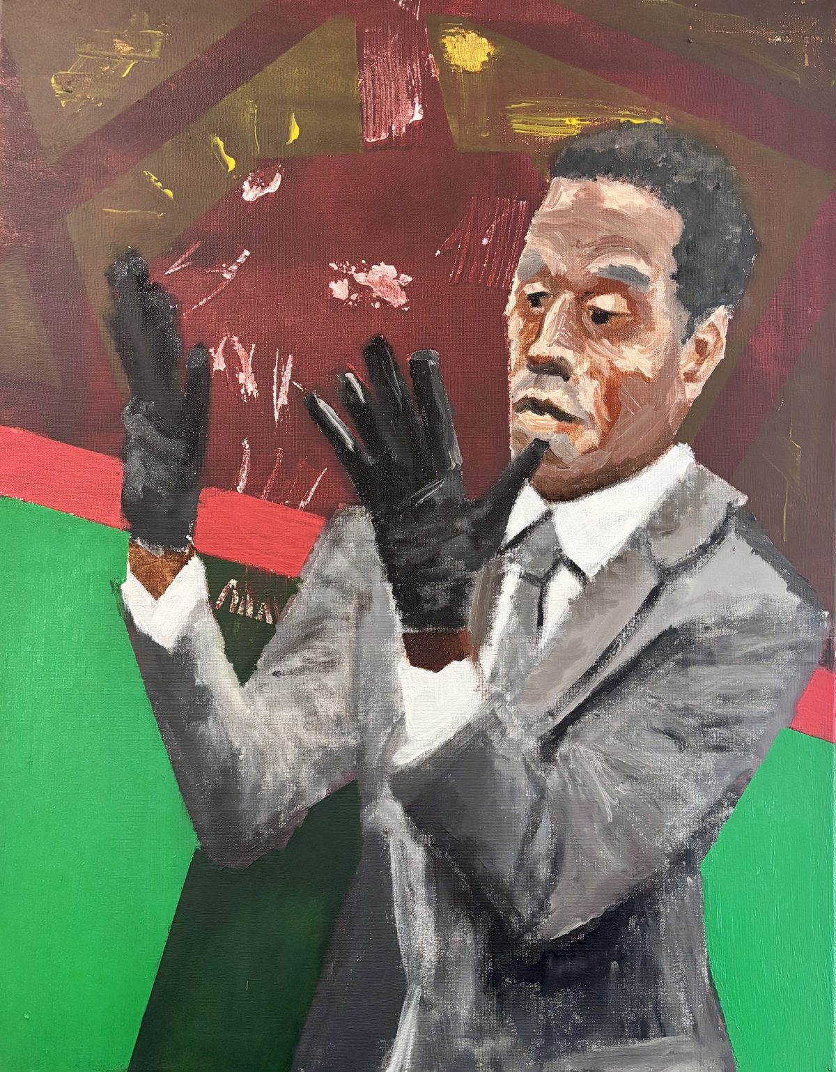 Put The Gloves On - A suited man in black gloves stands before red and green geometry, holding his hands up in a formal or defensive…