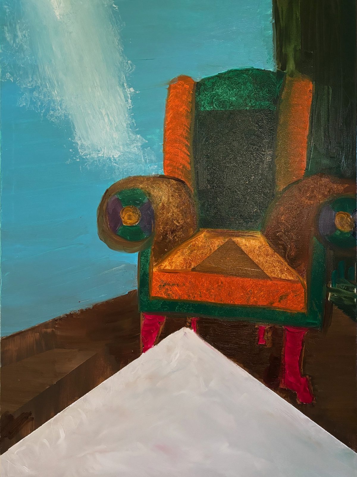 Inheritance - A colorful throne or chair with orange arms and green-blue headrest sits at the end of a white triangular path under…