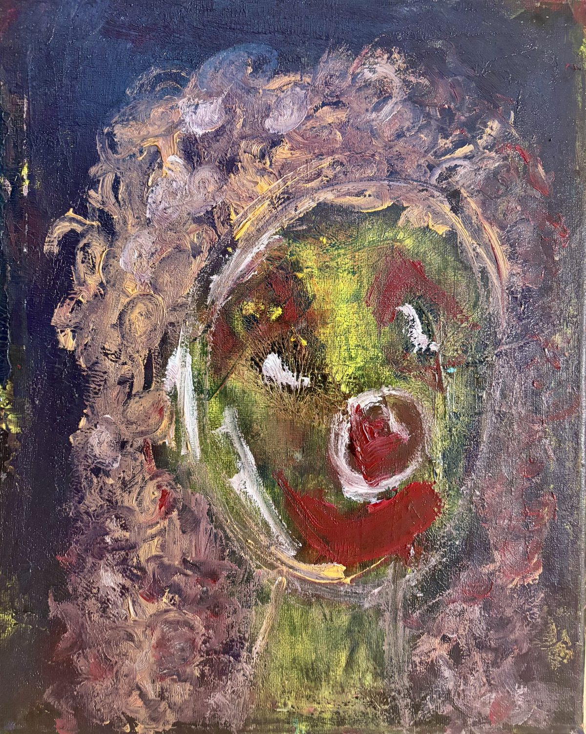 Faces (Clown Girl) - A clown-like face with red mouth and yellow-green facial patches is surrounded by dark purple, pink, and cream…