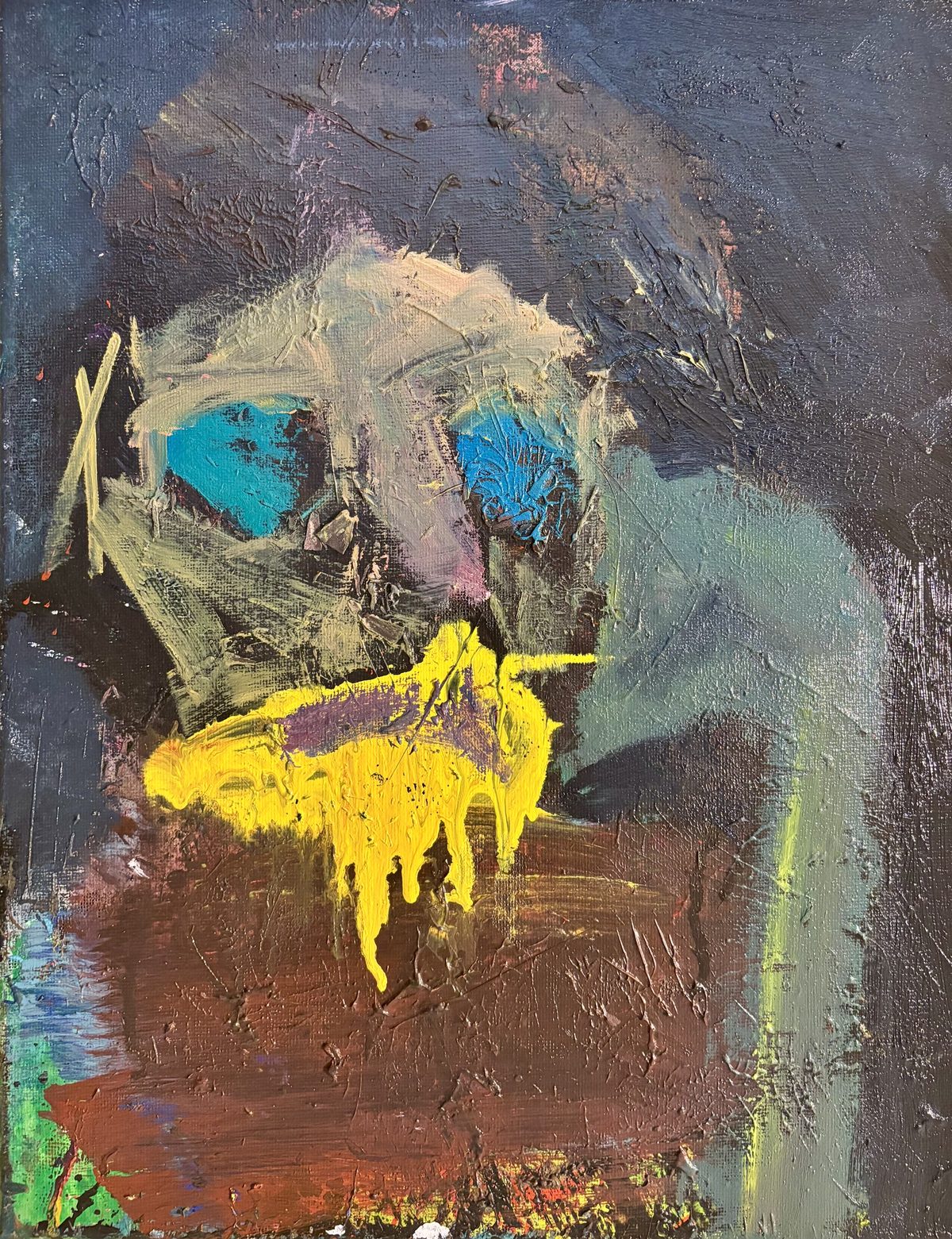 Faces (Thinker) - A skull-like head with bright blue eye openings and dripping yellow paint sits against gray-brown textured paint.