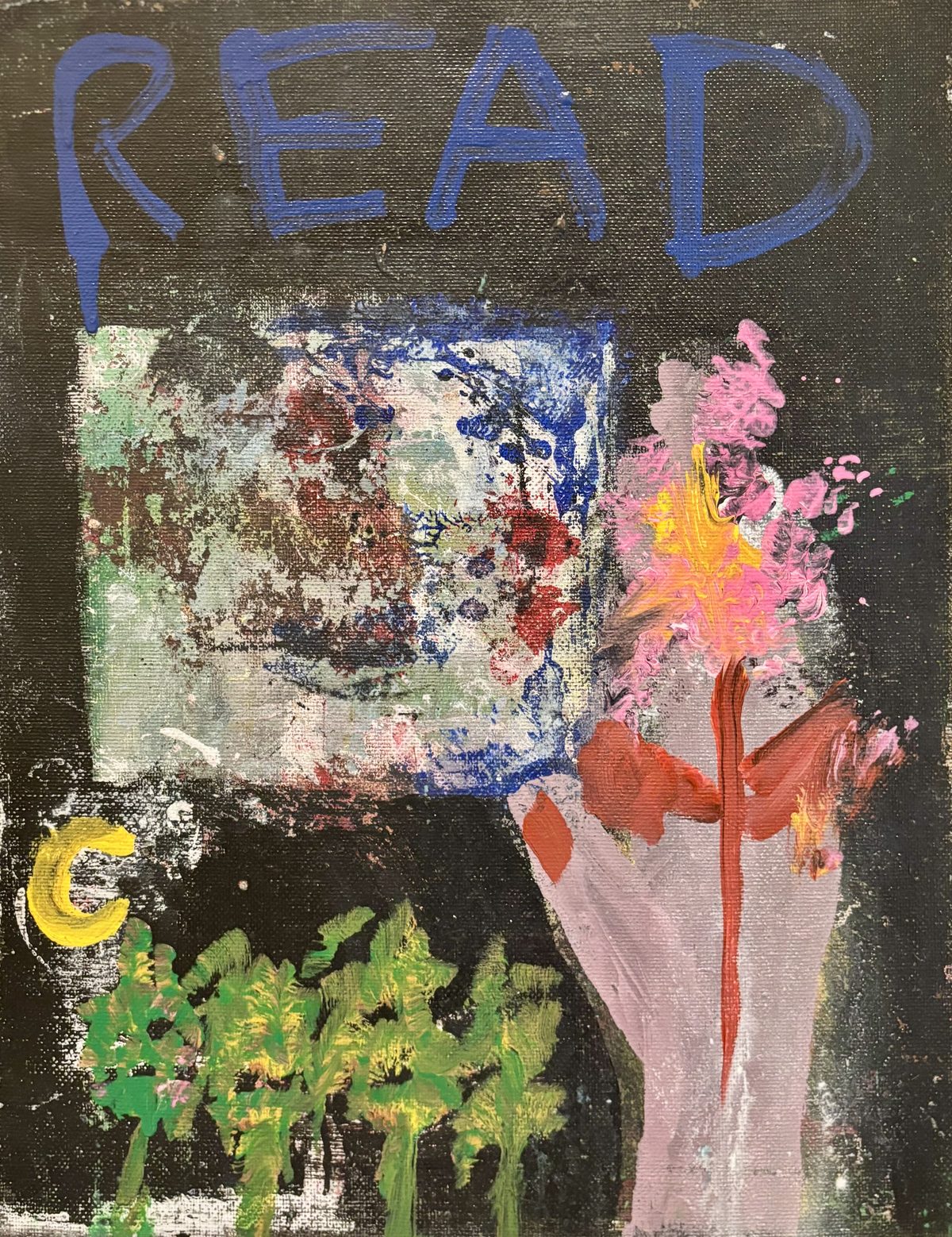 Boxing - A dark, grimy surface is overlaid with large blue READ letters, a yellow G at lower left, and smeared pink, red, and…