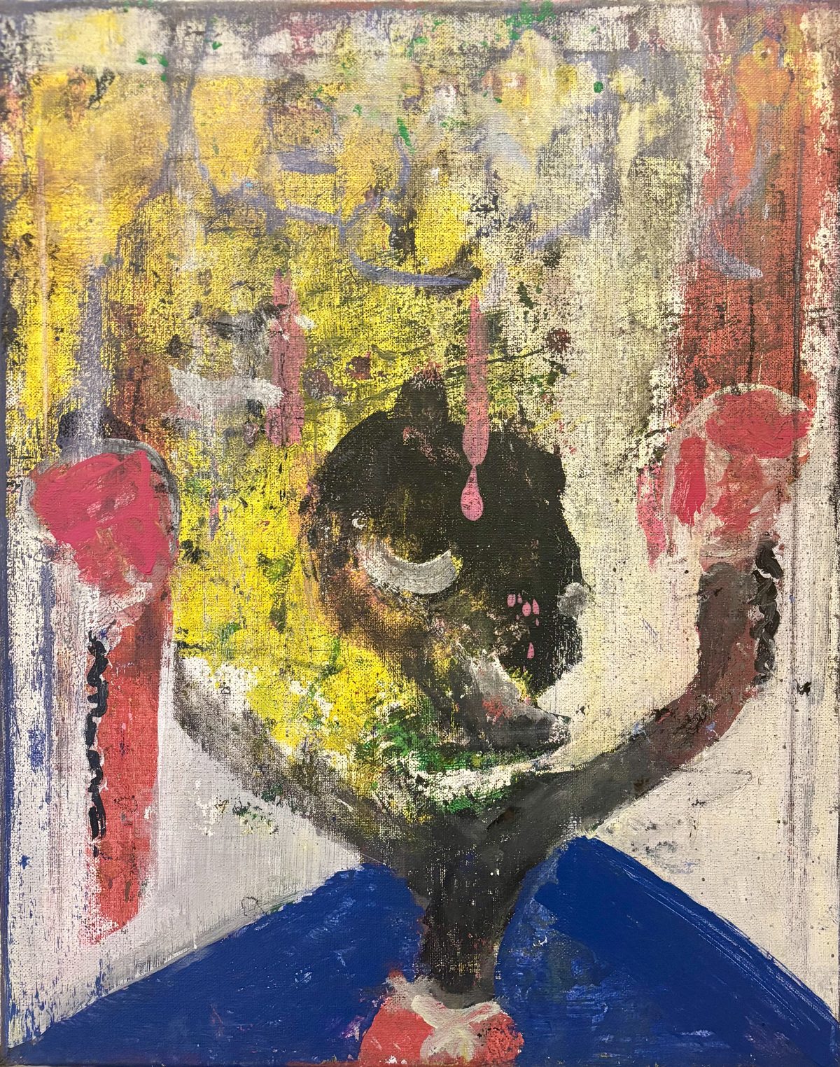 Box Monster - A large yellow-green and black face-like form is built from smeared paint, with blue lower blocks and red-white side…