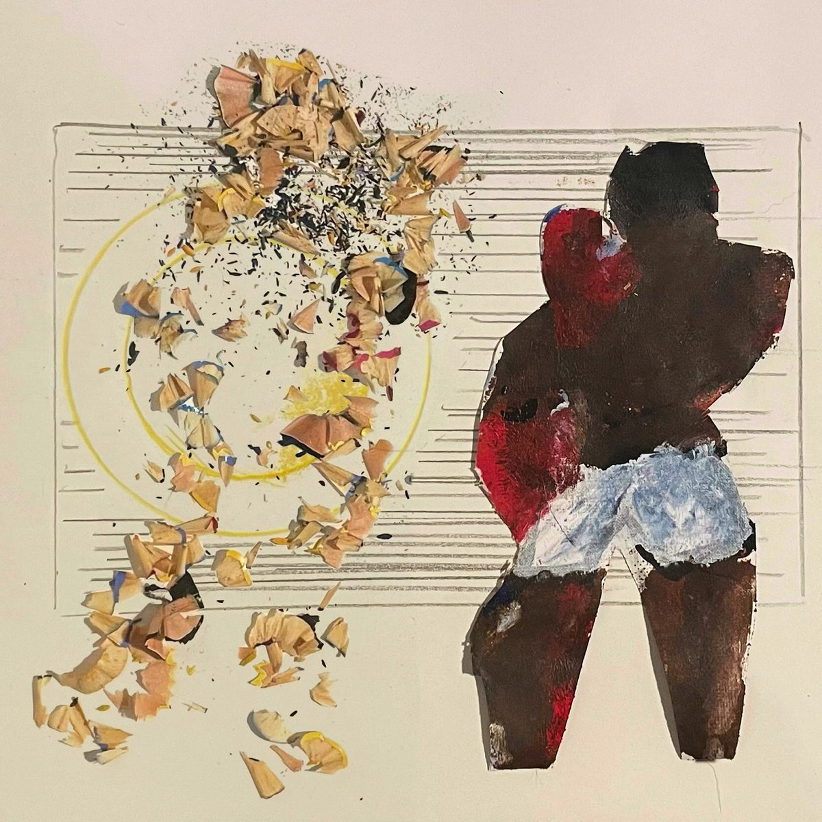 Jacob and Esau - A cutout-like brown figure stands on the right before ruled lines, with scattered tan fragments and a yellow circle…