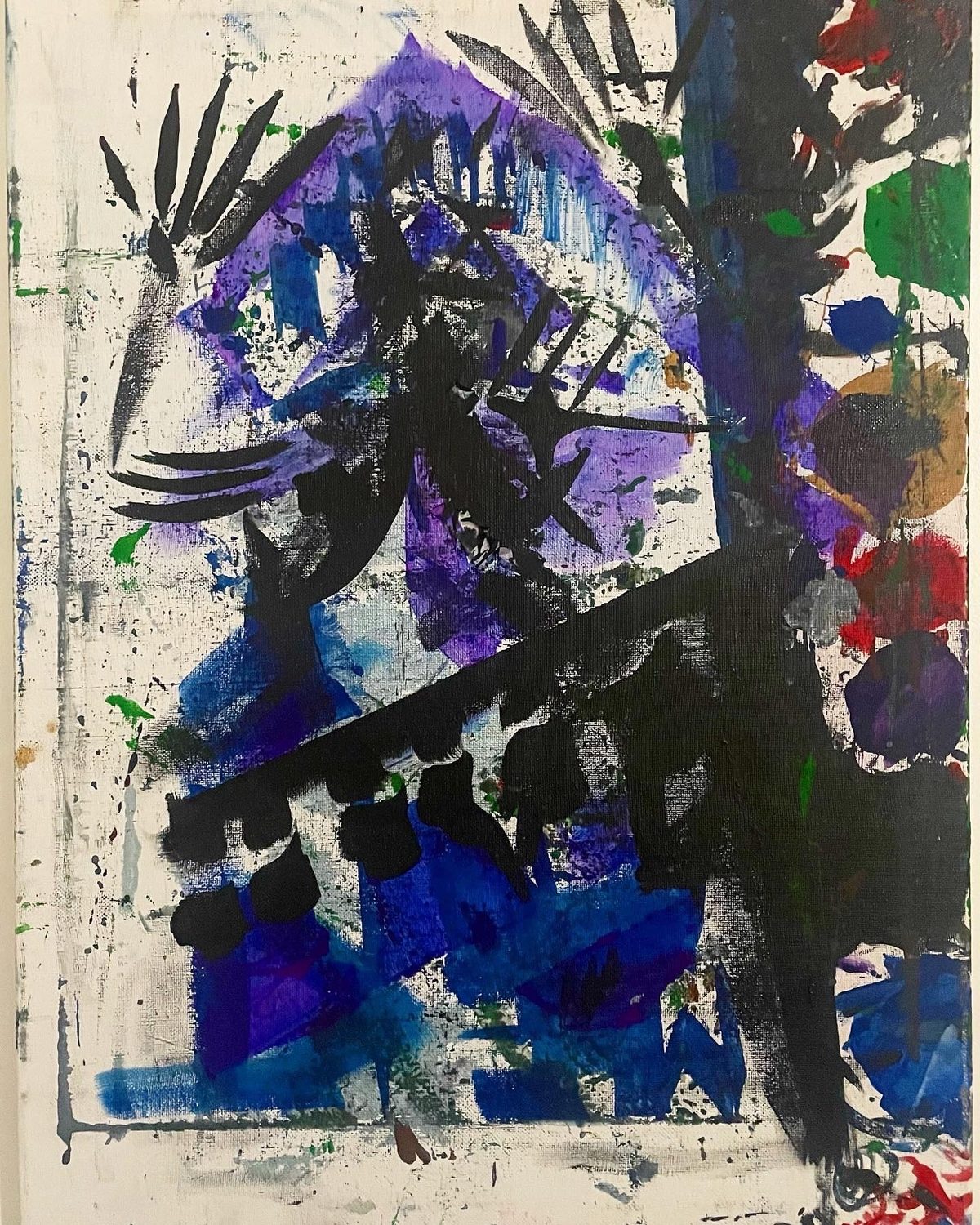 Blue Skull (Black Skeleton) - An abstract blue-black-purple field contains a large dark silhouette with angular protrusions and white, green, and…