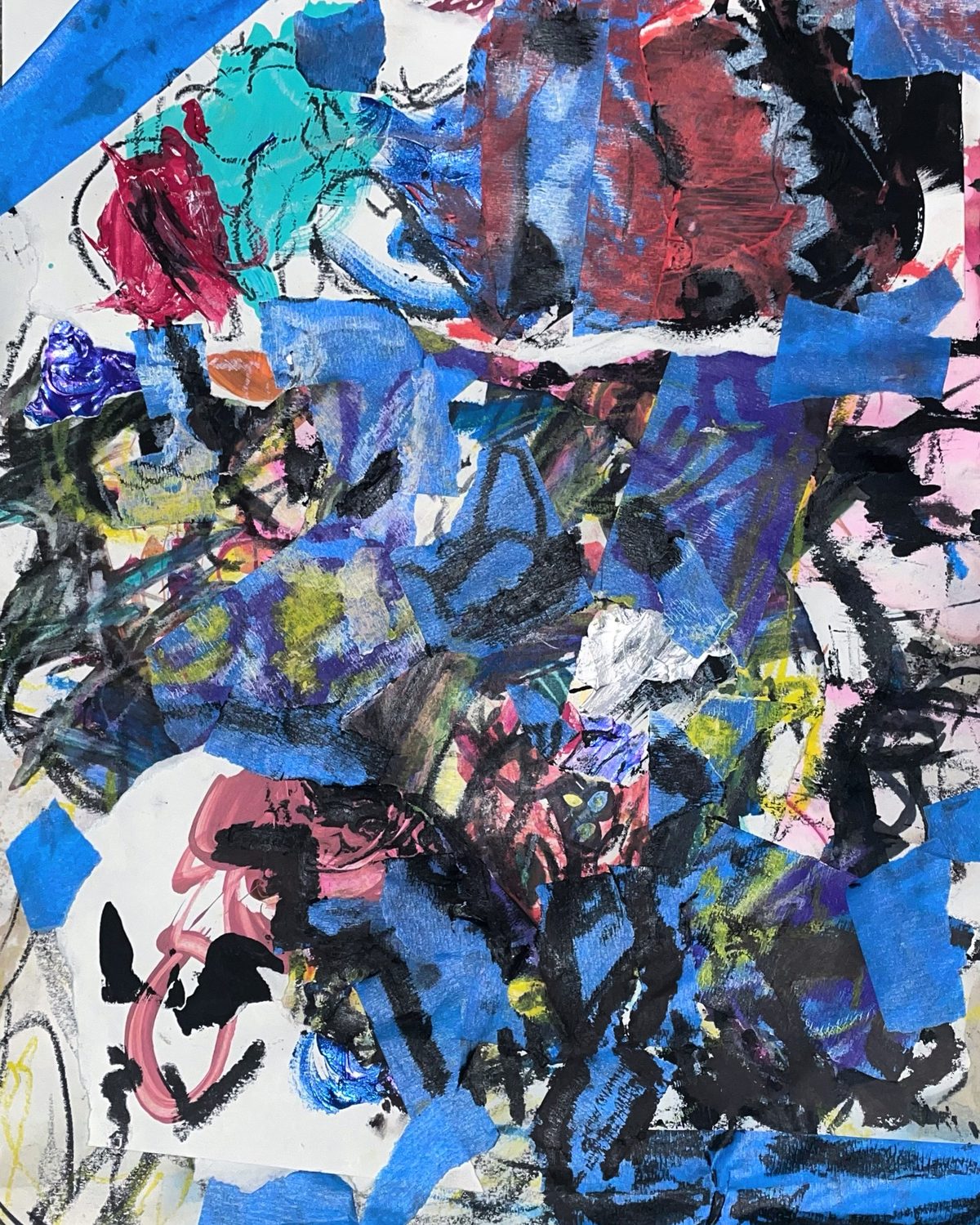 Mixed Media Myth - A vertical all-over abstraction uses blue tape-like strips, black strokes, pink and white patches, and layered…
