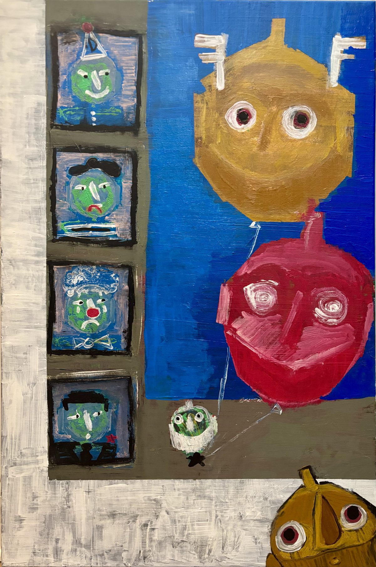 Auditions for the Rose Bowl Parade - A vertical panel shows stacked small face panels at left, two large round-headed figures at center/right, and white…