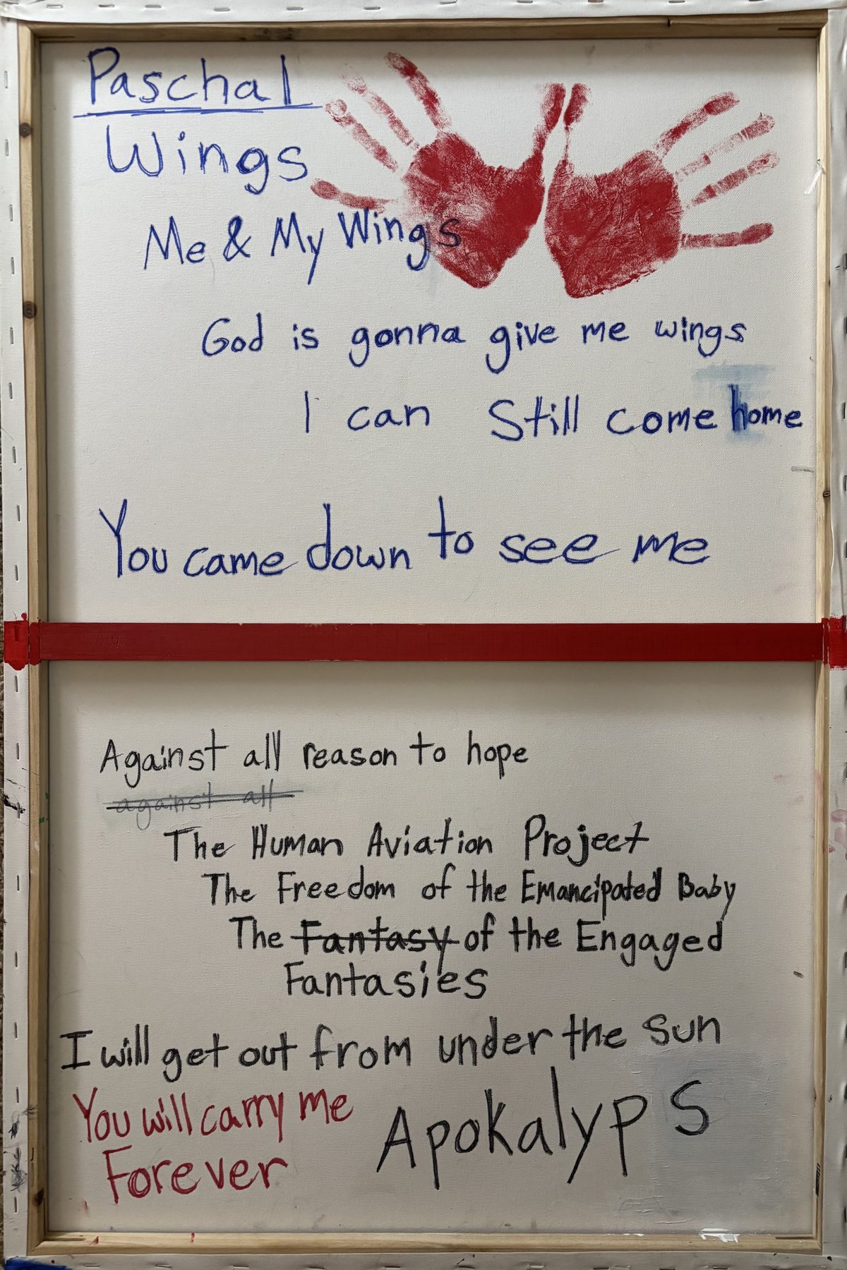 Baptism of Icarus Verso - A verso/back view shows handwritten lines on a white surface with red handprints and red tape-like bars.