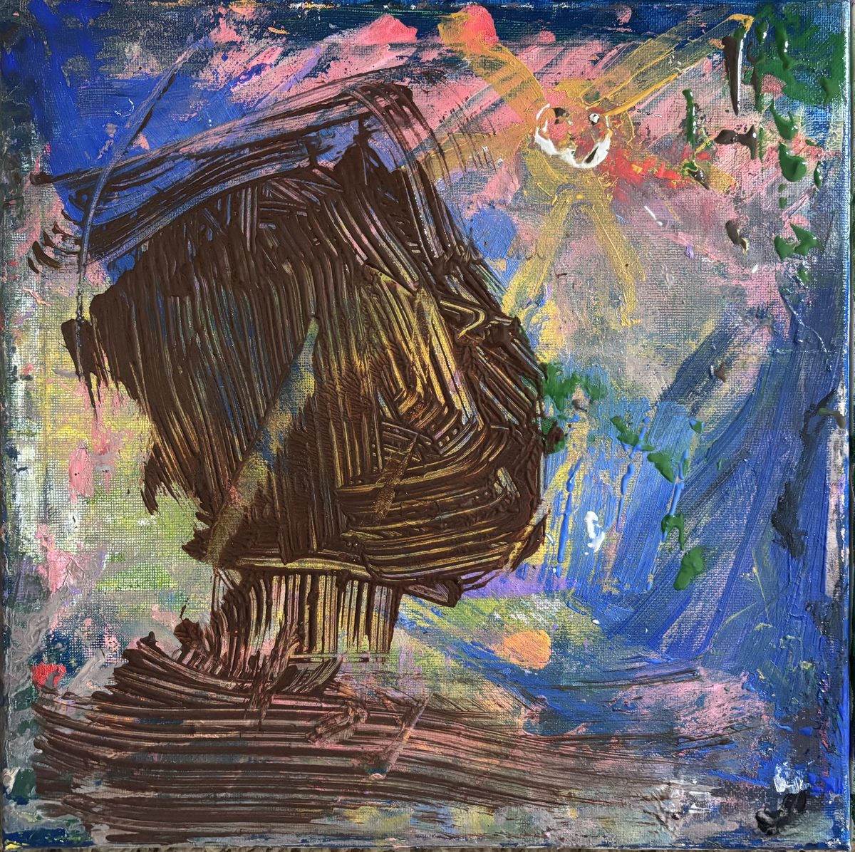 Bastard Sun - A dark brown-black vertical form or hut-like mass sits in a blue-pink-green abstract field with thick ribbed strokes.