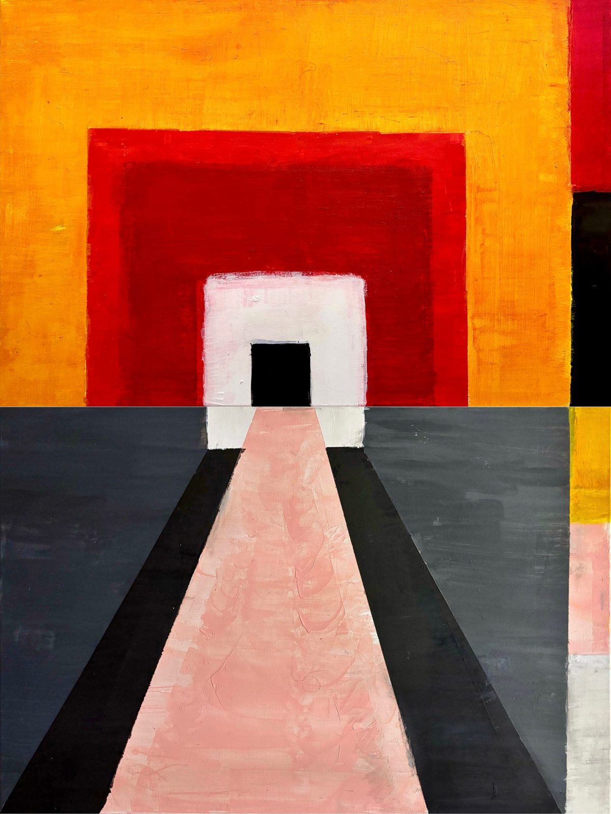 Under the Sun / Love Takes Off Composite - A composite image combines the orange-red doorway image and the pink runway/corridor image side by side.