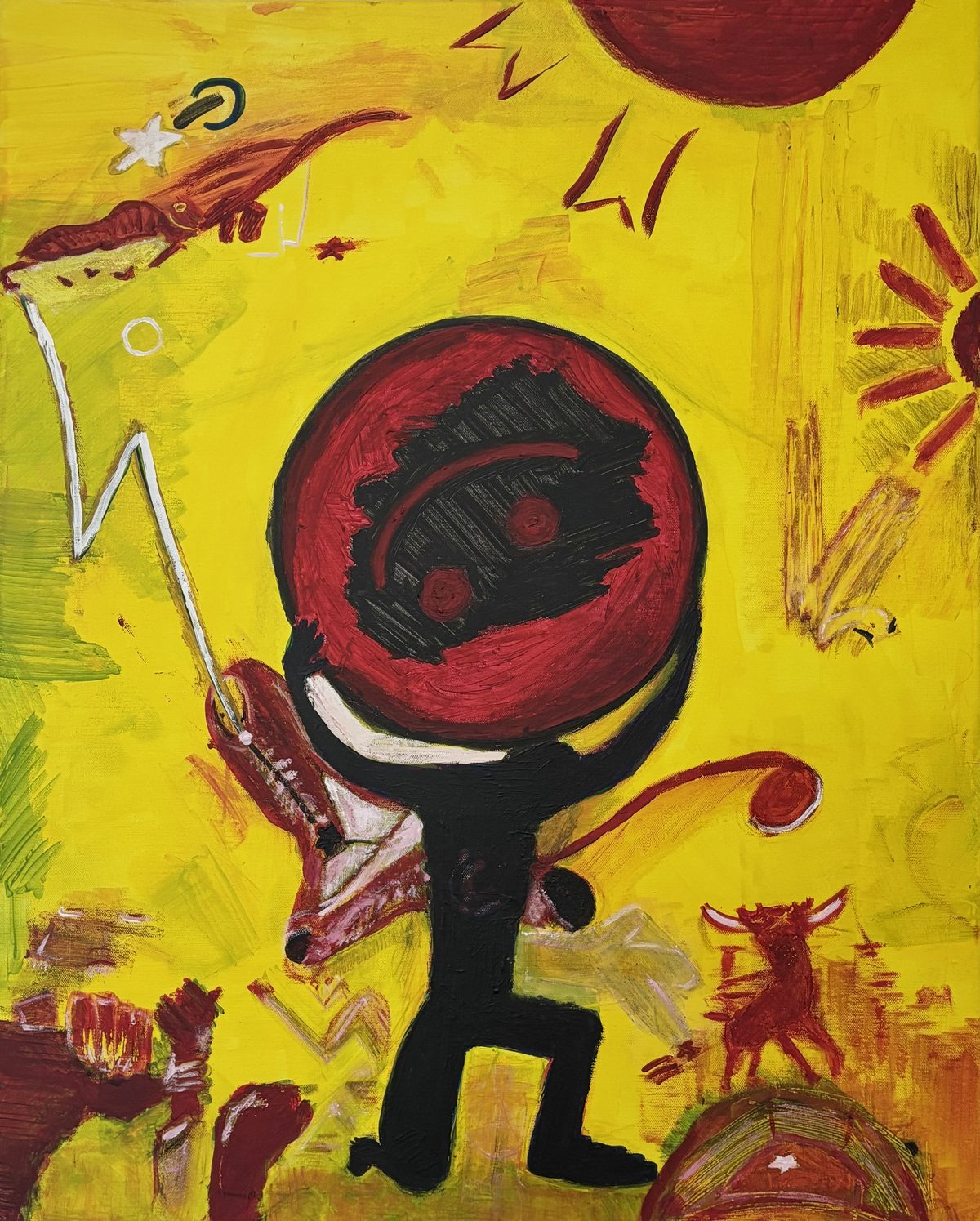 Break Point - A yellow field contains a large central black-and-red circular paddle or head form on a black body, with a…