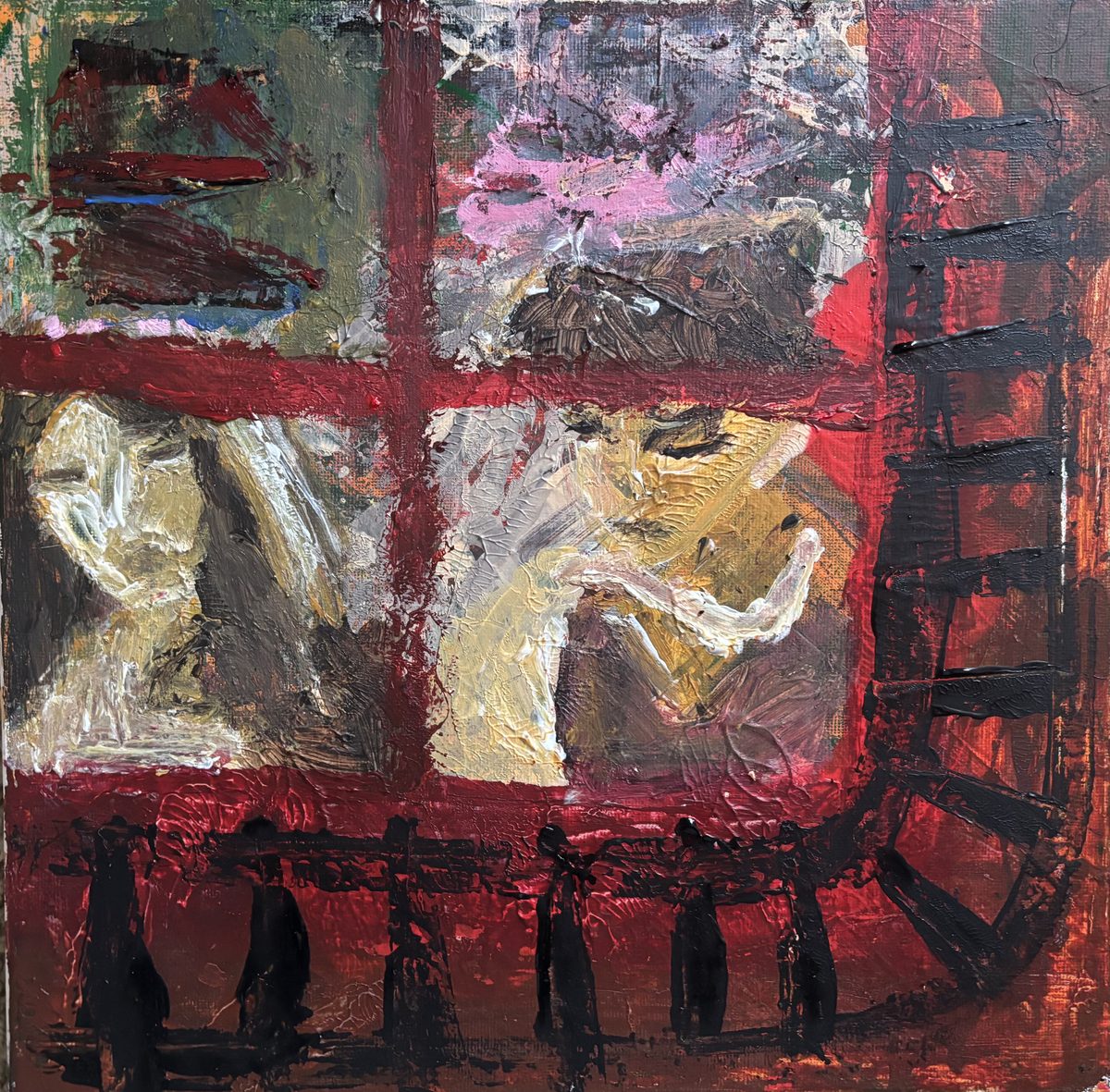 Beautiful People - Two faces through a red window grid — an embrace seen from outside, half-dissolved.
