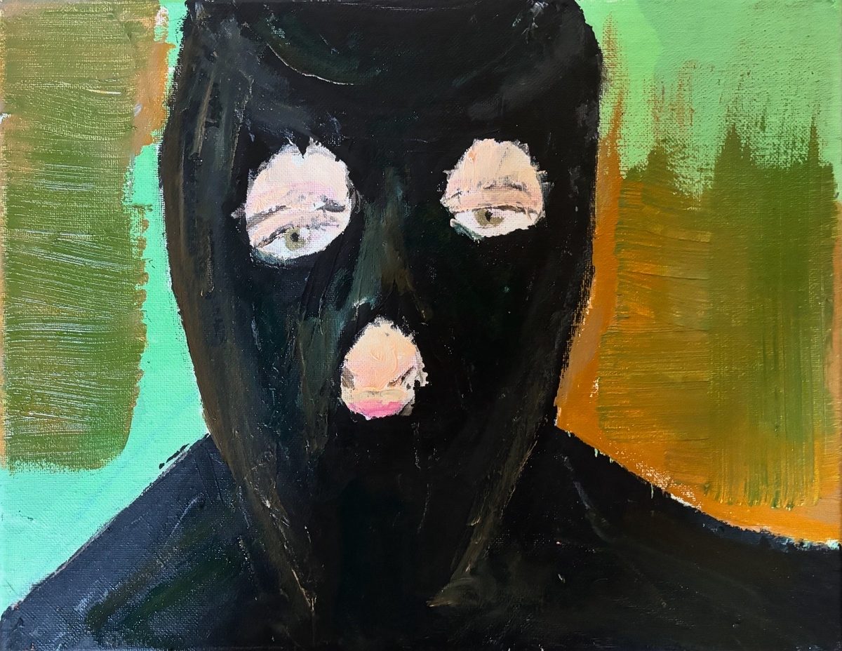 Broken by Superbed (Aryeh) - Black balaclava head, pale eyes and mouth — the face reduced to three openings.