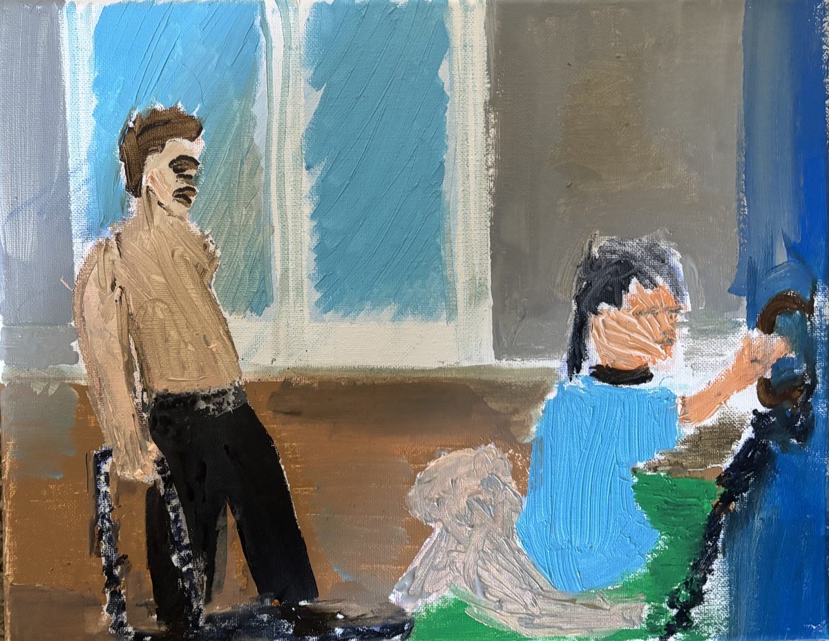 Broken by Superbed (Daniel and Angelina) - A man stands over a seated figure; dark chains coil through a domestic room.