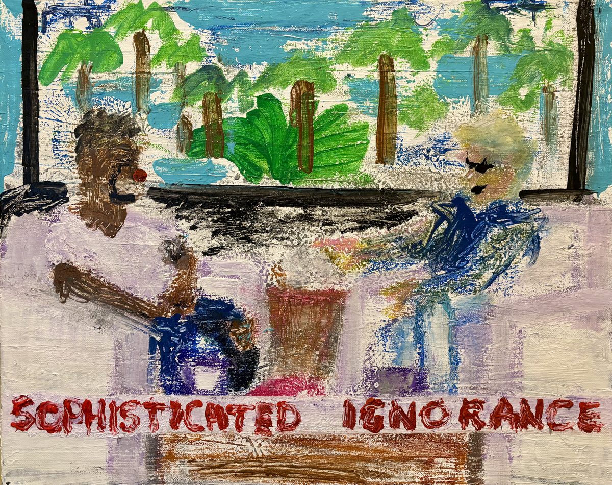 Sophisticated Ignorance - Kanye on Ellen — two figures at the table, plants behind glass, the Watch the Throne line stamped in red below.