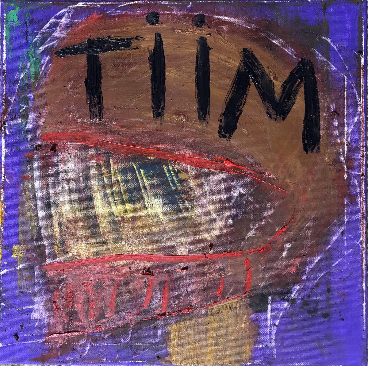 TIIM Player - Brown helmet-head with a red grin band on purple; TIIM in black overhead.