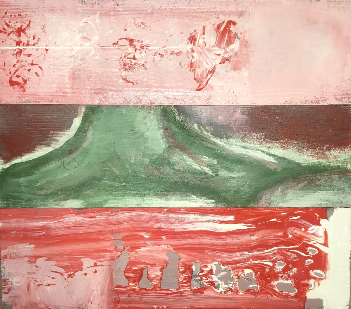 Adonis - Horizontal bands — pink sky, green mass, red foreground with small gray figures.