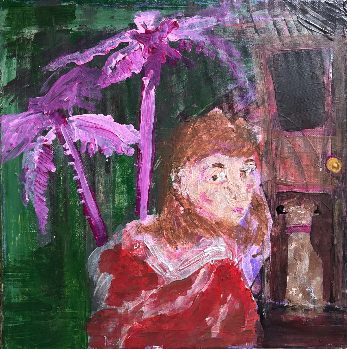 Leaving - A woman in red looks back over her shoulder; pink palms, a dark doorway, a dog waiting in it.