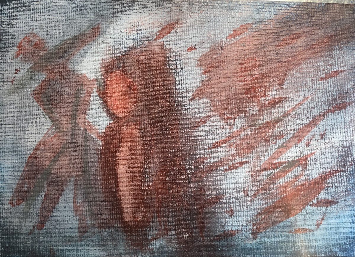 Limerence - Two rust figures on a scratched gray field — one walking away, one facing forward, seventeen apiece.