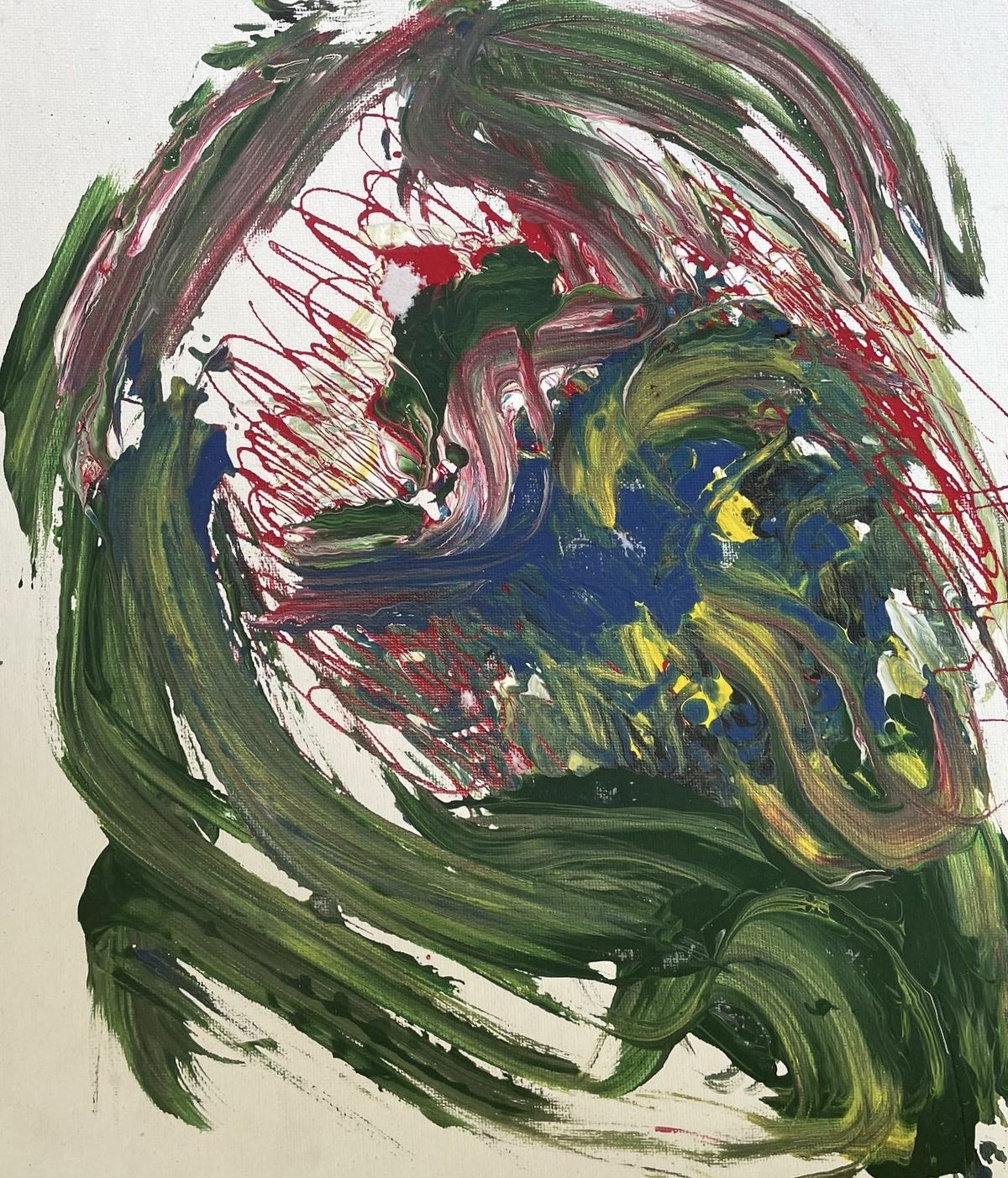 Spit and Co. (Oscar) - A green spiral storm around a blue-yellow center, red scribbles overhead.