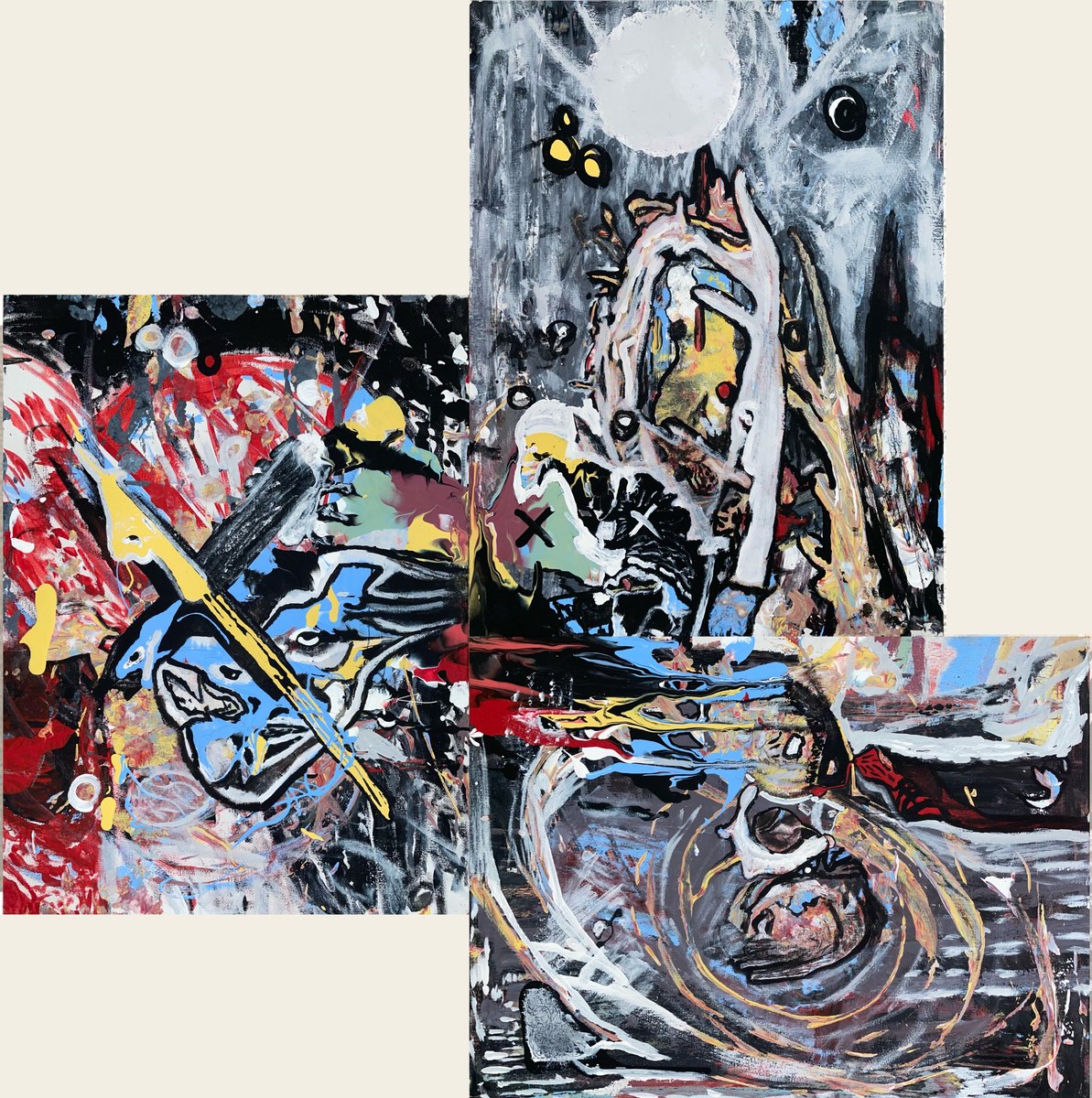 Xman Dies - Three panels, one fall: a WHITE sun — not red — and a dark moon over a grasping hand, a curled figure in the spiral…