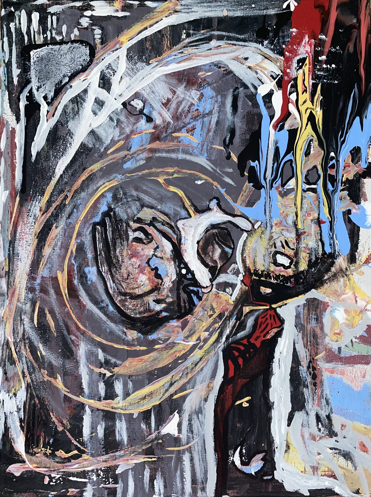 Xman Dies (Reaper) - A figure curled inside the spiral — going under or coming around.