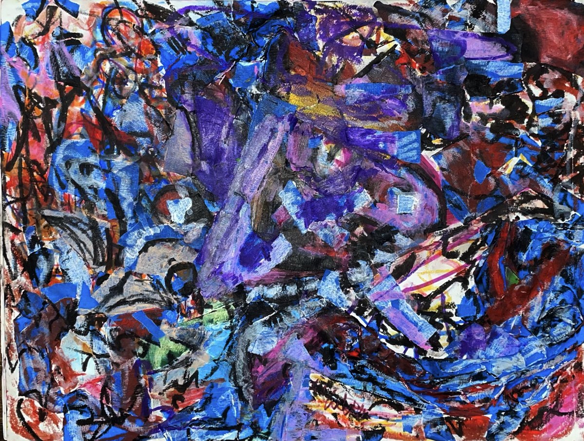 Mixed Media Midas - A horizontal mixed-media painting fills the frame with dense blue, purple, red, black, and pale fragments.
