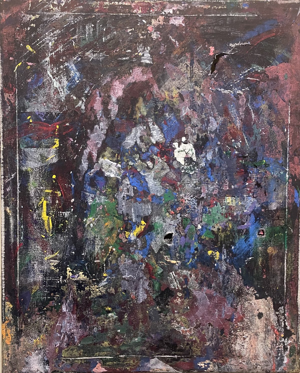 Dulcinea II - A dark, densely worked field holds buried pink, blue, and green color beneath a blackened surface.
