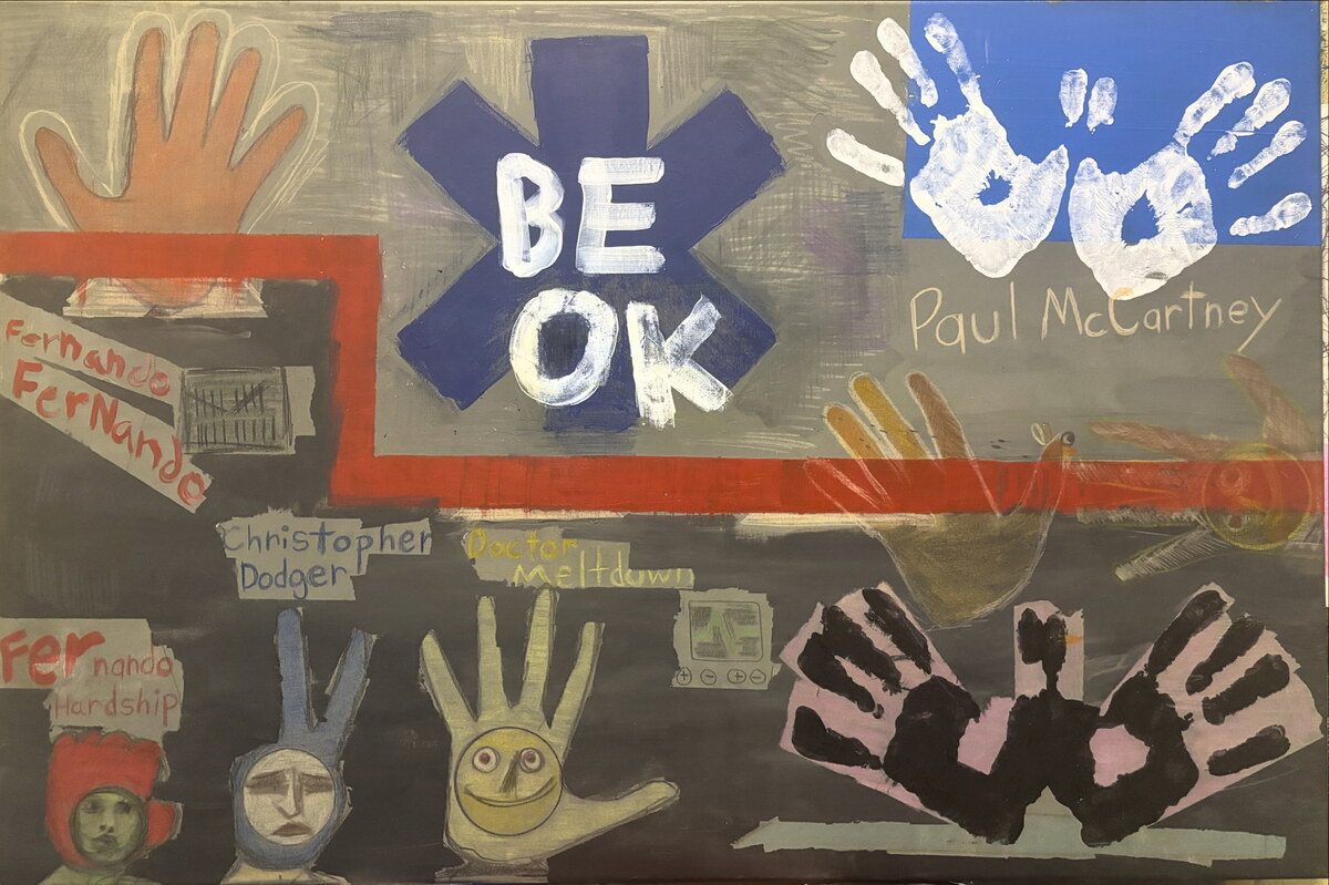 BE OK - A wide gray hospital-like scene has a blue medical cross shape with BE OK in white, white handprints, red bars…
