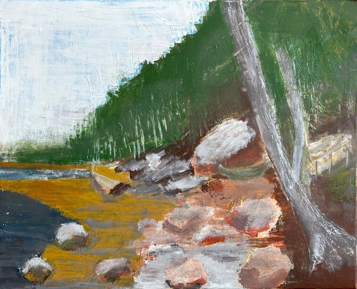 Rock Sand - A landscape painting shows a rocky shoreline with dark water at lower left, ochre sand, gray-white rocks, a green…