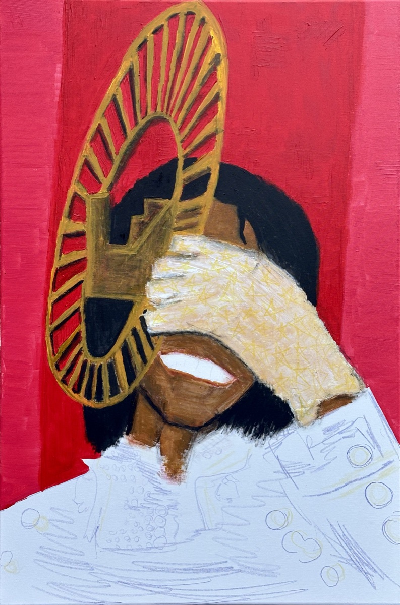 Hollow Purple - A portrait-format painting shows Michael Jackson smiling against a red field, with a white rhinestone glove covering…