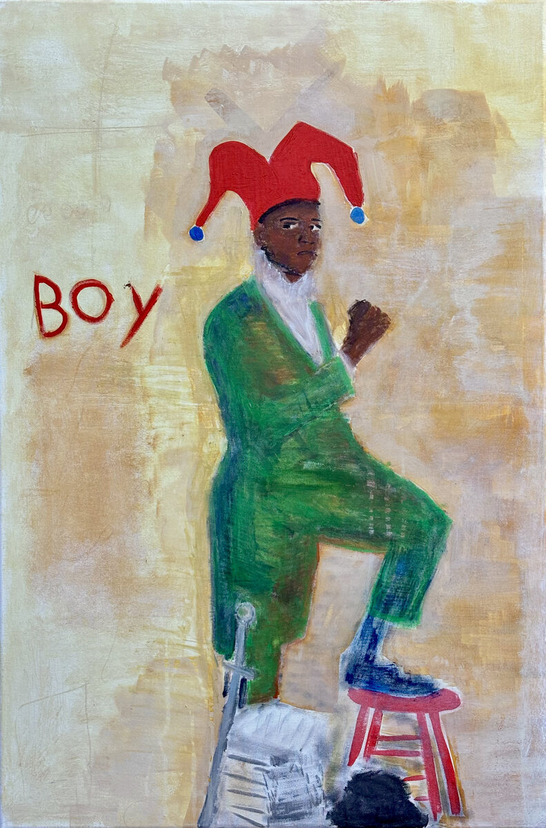 The New Don Quixote - A portrait-format painting shows a dark-skinned figure in a green suit, white shirt, and red jester cap standing…