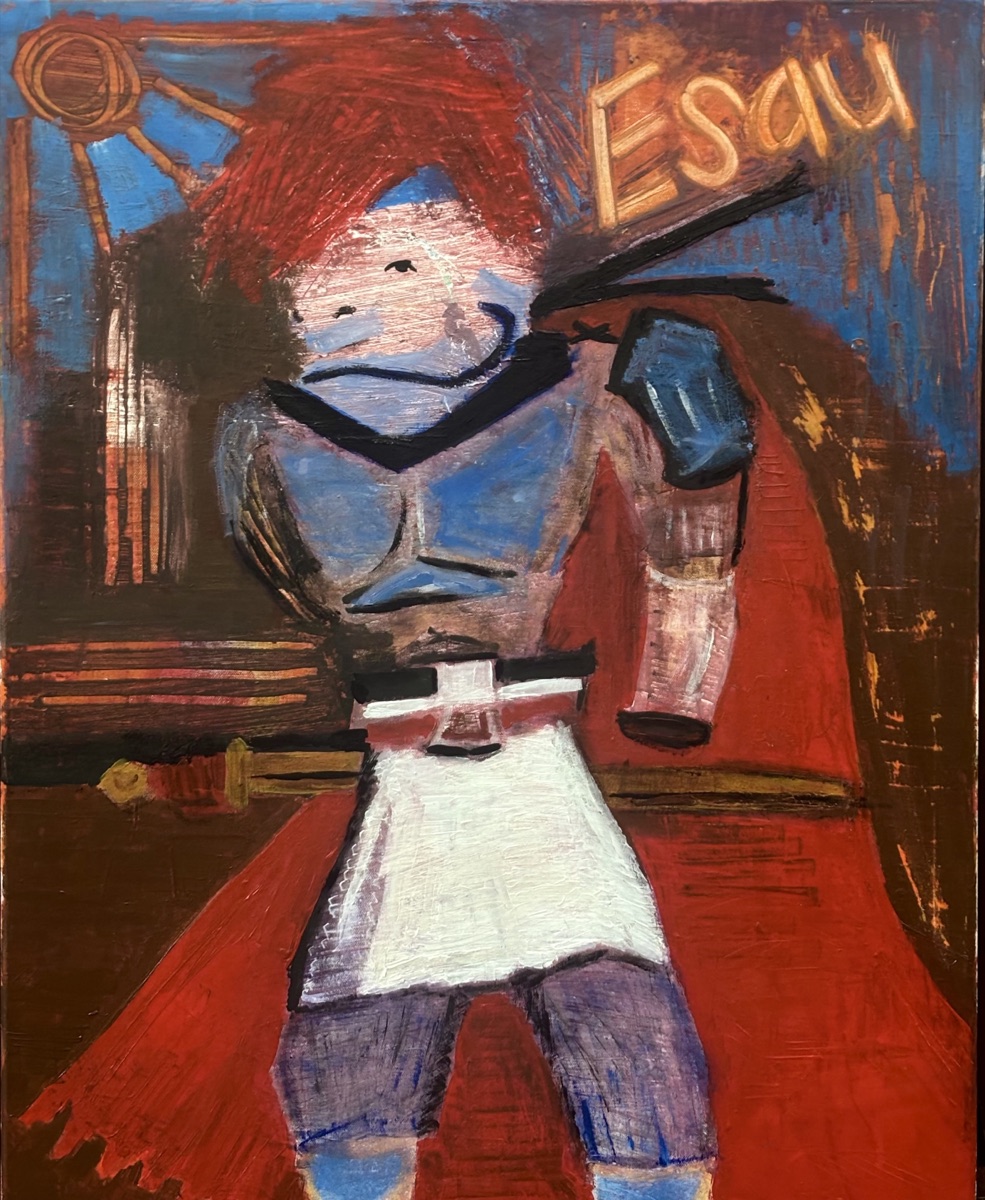 Rojo Como Yo - A portrait-format painting shows a crouched figure with a pale blue face, dark sweeping arms, a white shirt, purple…