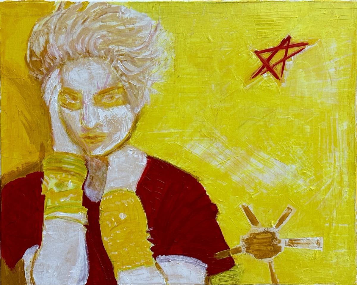 Madonna - A landscape-format painting shows a light-haired figure in a red shirt with pale wrapped hands raised near the face.