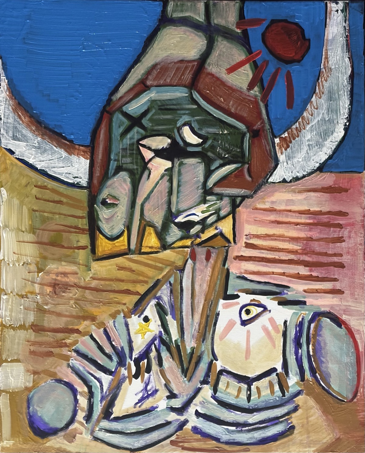 Nerve Damage - A portrait-format painting shows two stacked mask-like faces.