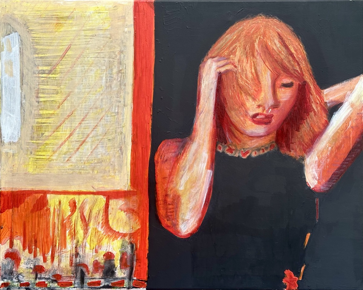All Day - A landscape-format painting shows Taylor Swift with orange-blonde hair, wearing a sleeveless black dress and a short…