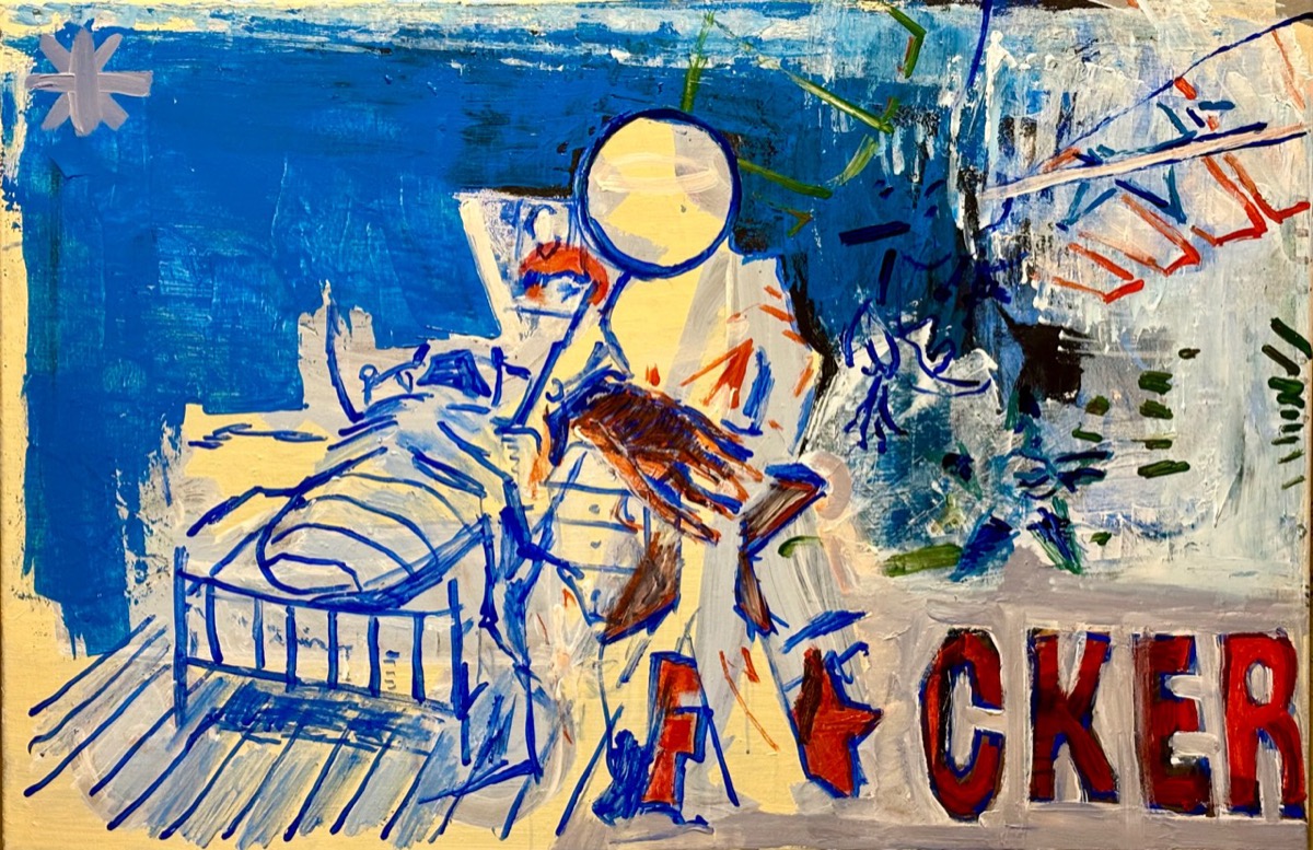 Glove Doctor - A landscape-format painting shows a doctor in white wearing a round head mirror beside a patient lying under a pale…