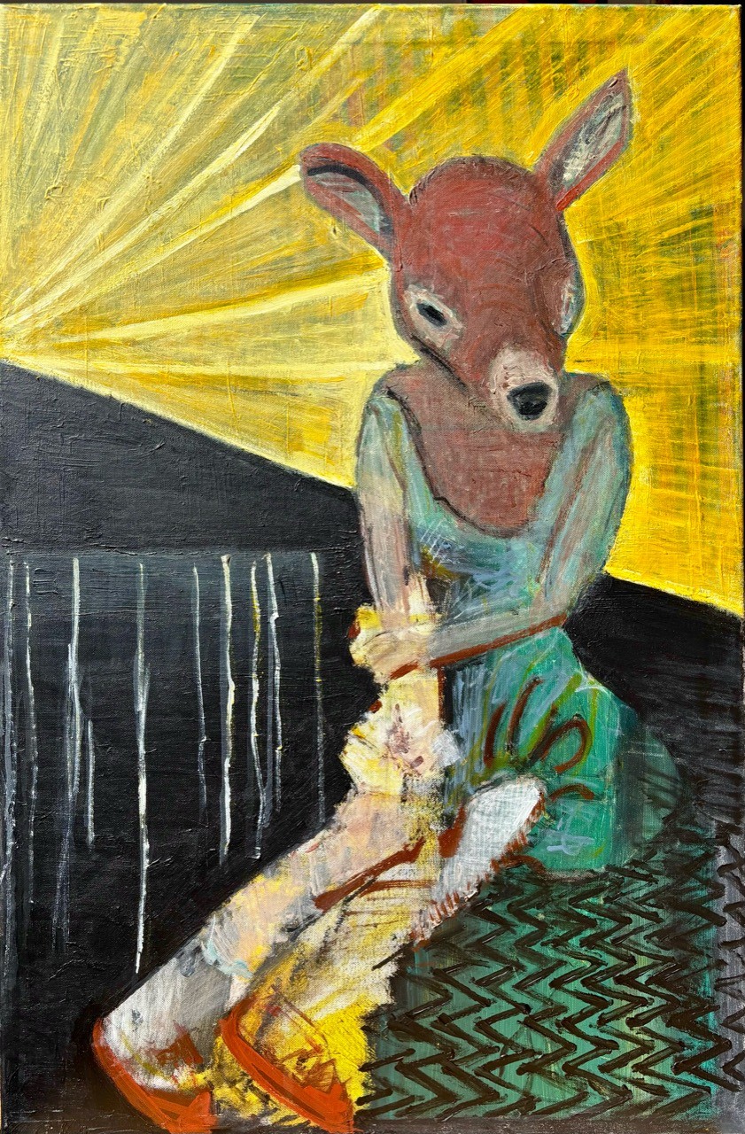 A figure in a deer mask and teal clothes sits against a yellow sunburst, arms around pale legs that stretch to the lower left, ending in red-outlined feet. A black wall with white drips at left; a green zigzag floor at right.